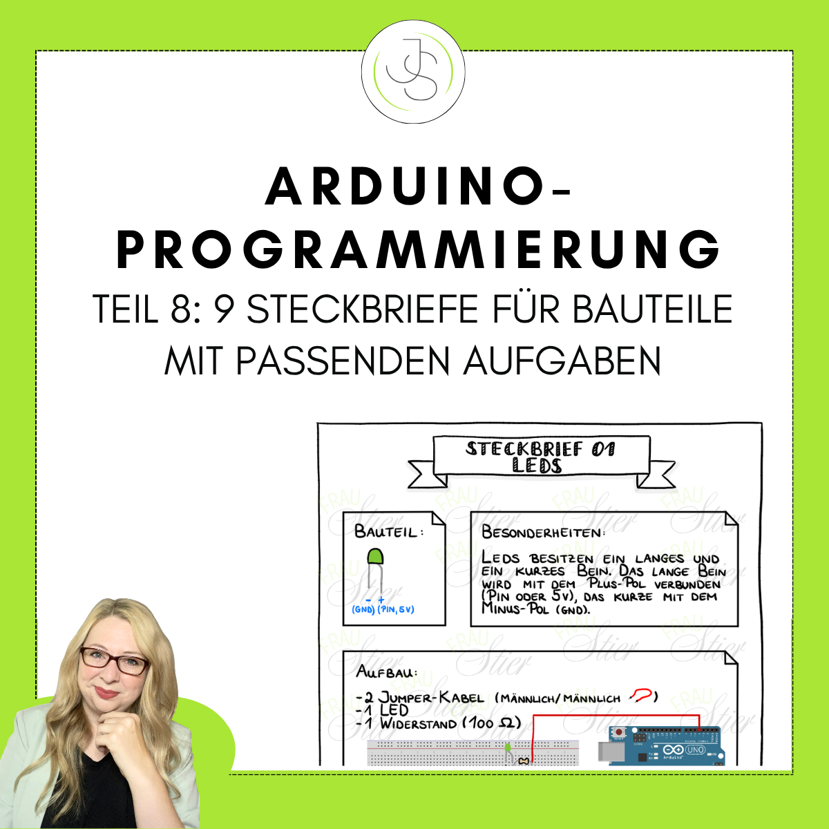 Titelbild Arduino-Programmierung Teil 8: 9 Steckbriefe zu Bauteilen, Selbstlern-Material mit Aufgaben und Lösungen